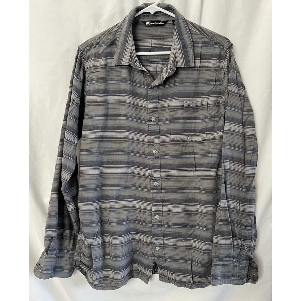 Travis Mathew Shirt Mens Large Gray Striped Long Sleeve Casual Button Up
